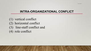 INTRA-ORGANIZATIONAL CONFLICT
(1) vertical conflict
(2) horizontal conflict
(3) line-staff conflict and
(4) role conflict
2/24/2021
 