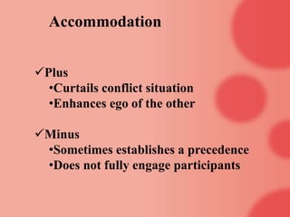 Accommodation
Plus
•Curtails conflict situation
•Enhances ego of the other
Minus
•Sometimes establishes a precedence
•Does not fully engage participants
 