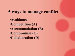 5 ways to manage conflict
•Avoidance
•Competition (A)
•Accommodation (B)
•Compromise (C)
•Collaboration (D)
 