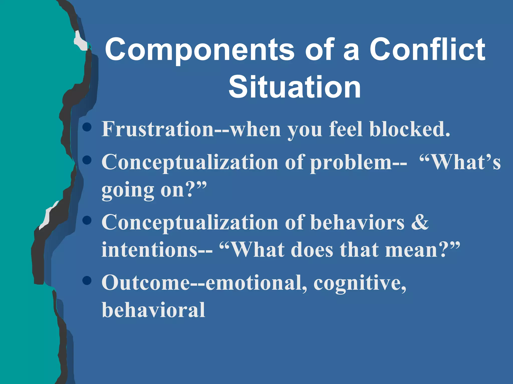 Components of a Conflict Situation Frustration--when you feel blocked.  Conceptualization of problem--  “What’s going on?”  Conceptualization of behaviors & intentions-- “What does that mean?” Outcome--emotional, cognitive, behavioral 
