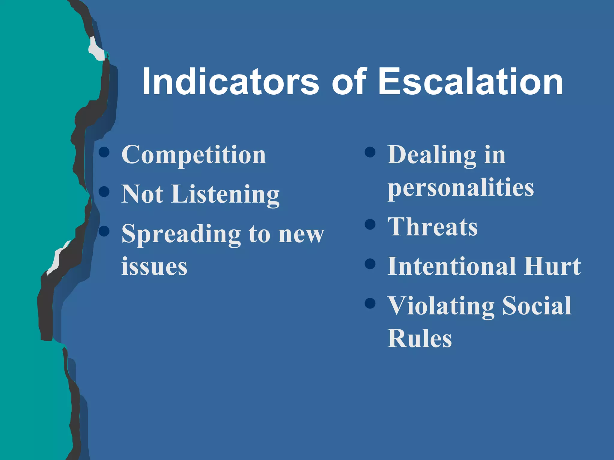 Indicators of Escalation Competition Not Listening Spreading to new issues Dealing in personalities Threats Intentional Hurt Violating Social Rules 