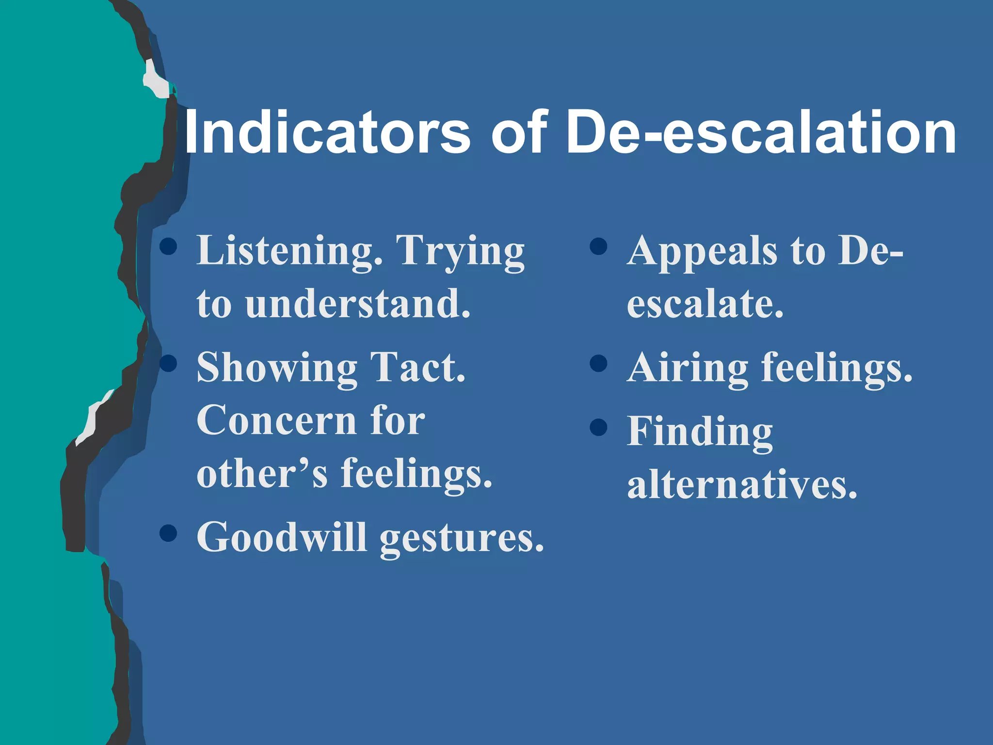 Indicators of De-escalation Listening. Trying to understand. Showing Tact.  Concern for other’s feelings. Goodwill gestures. Appeals to De-escalate. Airing feelings. Finding alternatives. 