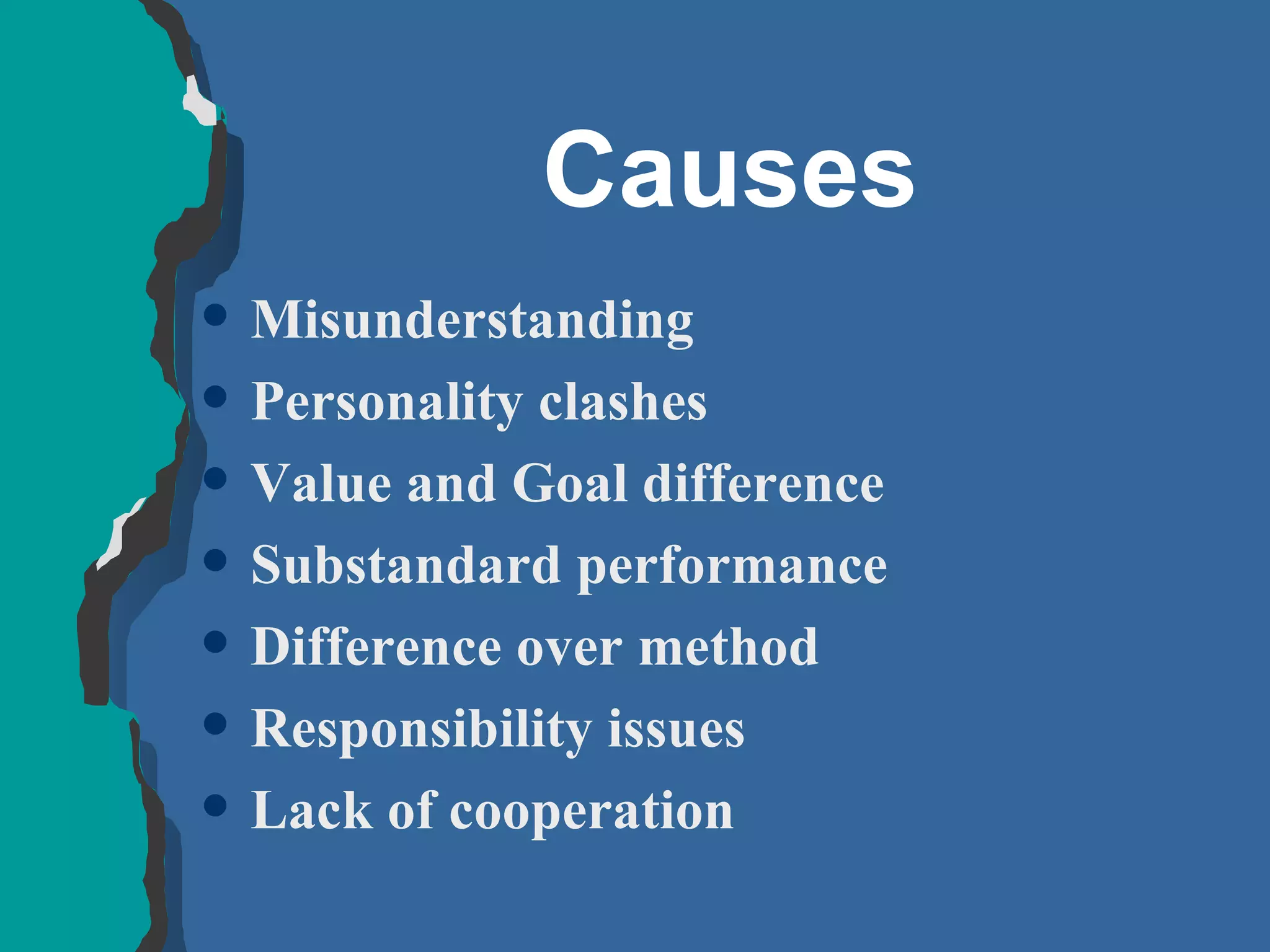 Causes Misunderstanding Personality clashes Value and Goal difference Substandard performance Difference over method Responsibility issues Lack of cooperation 