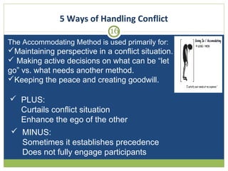 5 Ways of Handling Conflict
16
The Accommodating Method is used primarily for:

Maintaining perspective in a conflict situation.
 Making active decisions on what can be “let
go” vs. what needs another method.
Keeping the peace and creating goodwill.

 PLUS:
Curtails conflict situation
Enhance the ego of the other
 MINUS:
Sometimes it establishes precedence
Does not fully engage participants

 
