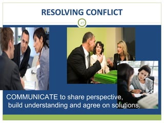 RESOLVING CONFLICT
27

COMMUNICATE to share perspective,
build understanding and agree on solutions.

 