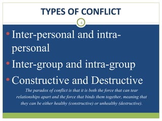 TYPES OF CONFLICT
4

• Inter-personal and intrapersonal
• Inter-group and intra-group
• Constructive and Destructive
The paradox of conflict is that it is both the force that can tear
relationships apart and the force that binds them together, meaning that
they can be either healthy (constructive) or unhealthy (destructive).

 