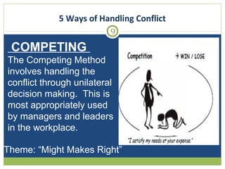 5 Ways of Handling Conflict
9

COMPETING
The Competing Method
involves handling the
conflict through unilateral
decision making. This is
most appropriately used
by managers and leaders
in the workplace.
Theme: “Might Makes Right”

 