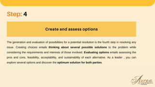 Create and assess options
Step: 4
The generation and evaluation of possibilities for a potential resolution is the fourth step in resolving any
issue. Creating choices entails thinking about several possible solutions to the problem while
considering the requirements and interests of those involved. Evaluating options entails assessing the
pros and cons, feasibility, acceptability, and sustainability of each alternative. As a leader , you can
explore several options and discover the optimum solution for both parties.
 