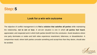Look for a win-win outcome
Step: 5
The objective of conflict management is to find a solution that satisfies all parties while maintaining
the relationship, not to win or lose. A win-win situation is one in which all parties feel heard,
appreciated, and respected and in which both parties benefit from the conclusion. Avoid situations where
one party dominates or cedes and both sides experience resentment, bitterness, or dissatisfaction. A
compromise result, where both parties concede something and accept less than they desire, should also
be avoided.
 