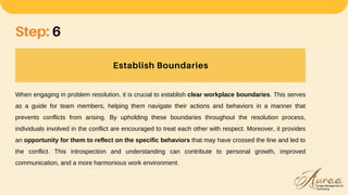 Establish Boundaries
Step: 6
When engaging in problem resolution, it is crucial to establish clear workplace boundaries. This serves
as a guide for team members, helping them navigate their actions and behaviors in a manner that
prevents conflicts from arising. By upholding these boundaries throughout the resolution process,
individuals involved in the conflict are encouraged to treat each other with respect. Moreover, it provides
an opportunity for them to reflect on the specific behaviors that may have crossed the line and led to
the conflict. This introspection and understanding can contribute to personal growth, improved
communication, and a more harmonious work environment.
 