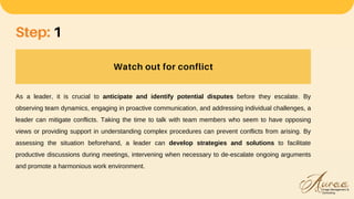 Watch out for conflict
Step: 1
As a leader, it is crucial to anticipate and identify potential disputes before they escalate. By
observing team dynamics, engaging in proactive communication, and addressing individual challenges, a
leader can mitigate conflicts. Taking the time to talk with team members who seem to have opposing
views or providing support in understanding complex procedures can prevent conflicts from arising. By
assessing the situation beforehand, a leader can develop strategies and solutions to facilitate
productive discussions during meetings, intervening when necessary to de-escalate ongoing arguments
and promote a harmonious work environment.
 