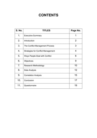CONTENTS



S. No.                          TITLES        Page No.

  1.     Executive Summary                       1

  2.     Introduction                            2

  3.     The Conflict Management Process         3

  4.     Strategies for Conflict Management      4

  5.     Ways People Deal with Conflict          6

  6.     Objectives                              9
  7.     Research Methodology                   10

  8.     Data Analysis                          12

  9.     Correlation Analysis                   15

 10.     Conclusion                             17

 11.     Questionnaire                          19
 