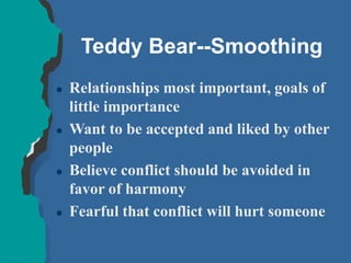 Teddy Bear--Smoothing
 Relationships most important, goals of
little importance
 Want to be accepted and liked by other
people
 Believe conflict should be avoided in
favor of harmony
 Fearful that conflict will hurt someone
 