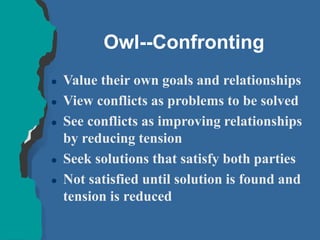 Owl--Confronting
 Value their own goals and relationships
 View conflicts as problems to be solved
 See conflicts as improving relationships
by reducing tension
 Seek solutions that satisfy both parties
 Not satisfied until solution is found and
tension is reduced
 