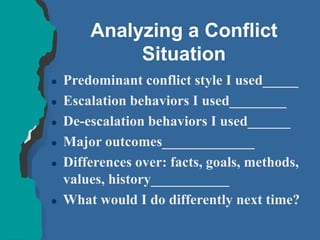 Analyzing a Conflict
Situation
 Predominant conflict style I used_____
 Escalation behaviors I used________
 De-escalation behaviors I used______
 Major outcomes_____________
 Differences over: facts, goals, methods,
values, history___________
 What would I do differently next time?
 