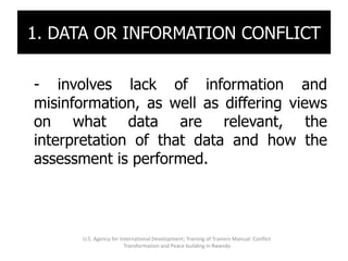 1. DATA OR INFORMATION CONFLICT

- involves lack of information and
misinformation, as well as differing views
on what data are relevant, the
interpretation of that data and how the
assessment is performed.



       U.S. Agency for International Development; Training of Trainers Manual: Conflict
                         Transformation and Peace building in Rwanda
 