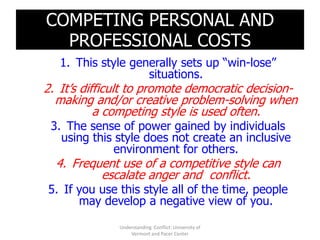 COMPETING PERSONAL AND
  PROFESSIONAL COSTS
   1. This style generally sets up “win-lose”
                    situations.
2. It’s difficult to promote democratic decision-
  making and/or creative problem-solving when
           a competing style is used often.
 3. The sense of power gained by individuals
   using this style does not create an inclusive
             environment for others.
  4. Frequent use of a competitive style can
          escalate anger and conflict.
5. If you use this style all of the time, people
      may develop a negative view of you.

              Understanding Conflict: University of
                  Vermont and Pacer Center
 