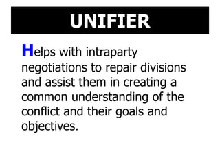 UNIFIER
Helps with intraparty
negotiations to repair divisions
and assist them in creating a
common understanding of the
conflict and their goals and
objectives.
 