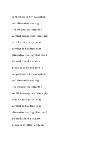 support his or her evaluation
and alternative strategy.
The student evaluates the
conflict management strategies
used by each party in the
conflict and addresses an
alternative strategy that could
be used, and the student
provides some evidence to
support his or her evaluation
and alternative strategy.
The student evaluates the
conflict management strategies
used by each party in the
conflict and addresses an
alternative strategy that could
be used, and the student
provides excellent evidence
 