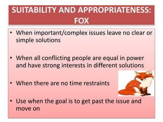 SUITABILITY AND APPROPRIATENESS: 
FOX 
• When important/complex issues leave no clear or 
simple solutions 
• When all conflicting people are equal in power 
and have strong interests in different solutions 
• When there are no time restraints 
• Use when the goal is to get past the issue and 
move on 
 