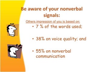 Be aware of your nonverbal
signals:
• 7 % of the words used;
• 38% on voice quality; and
• 55% on nonverbal
communication
Others impression of you is based on:
 