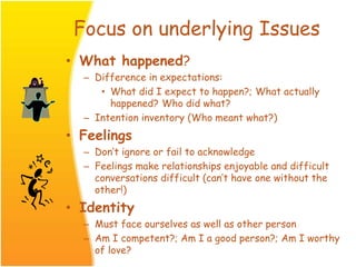 Focus on underlying Issues
• What happened?
– Difference in expectations:
• What did I expect to happen?; What actually
happened? Who did what?
– Intention inventory (Who meant what?)
• Feelings
– Don’t ignore or fail to acknowledge
– Feelings make relationships enjoyable and difficult
conversations difficult (can’t have one without the
other!)
• Identity
– Must face ourselves as well as other person
– Am I competent?; Am I a good person?; Am I worthy
of love?
 