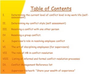 Table of Contents
I. Determining the current level of conflict level in my work life (self-
assessment)
II. Determining my conflict style (self assessment)
III. Resolving a conflict with one other person
IV. Resolving a group conflict.
V. Supervisor’s role in resolving employee conflict
VI. The art of disciplining employees (for supervisors)
VII. The role of HR in conflict resolution
VIII. Listing of informal and formal conflict resolution processes
IX. Conflict Management Reference list
X. Supervisor Network: “Share your wealth of experience”
 