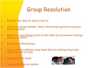 Group Resolution
1. Restate the issue to ensure clarity.
2. Have each group member, share information gathered and give
his/her opinion.
3. Make sure everything is put on the table (no unresolved feelings
popping up later)
4. Brainstorm alternatives
5. Agree on best solution using team decision-making steps (see
reference list at end)
6. Develop action steps.
7. Agree on follow-up session.
 