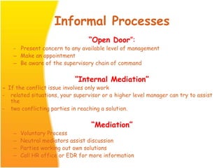 Informal Processes
“Open Door”:
- Present concern to any available level of management
– Make an appointment
– Be aware of the supervisory chain of command
“Internal Mediation”
- If the conflict issue involves only work
- related situations, your supervisor or a higher level manager can try to assist
the
- two conflicting parties in reaching a solution.
“Mediation”
– Voluntary Process
– Neutral mediators assist discussion
– Parties working out own solutions
– Call HR office or EDR for more information
 