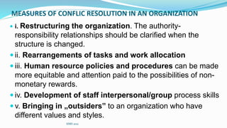 MEASURES OF CONFLIC RESOLUTION IN AN ORGANIZATION
 i. Restructuring the organization. The authority-
responsibility relationships should be clarified when the
structure is changed.
 ii. Rearrangements of tasks and work allocation
 iii. Human resource policies and procedures can be made
more equitable and attention paid to the possibilities of non-
monetary rewards.
 iv. Development of staff interpersonal/group process skills
 v. Bringing in „outsiders‟ to an organization who have
different values and styles.
SIMS 2021
 
