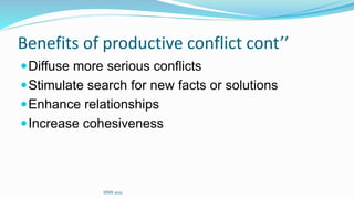 Benefits of productive conflict cont’’
Diffuse more serious conflicts
Stimulate search for new facts or solutions
Enhance relationships
Increase cohesiveness
SIMS 2021
 
