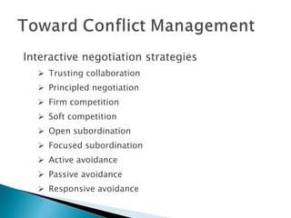 Interactive negotiation strategies Trusting collaboration Principled negotiation Firm competition Soft competition Open subordination Focused subordination Active avoidance Passive avoidance Responsive avoidance 