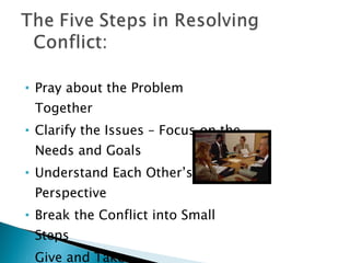 Pray about the Problem Together Clarify the Issues – Focus on the Needs and Goals Understand Each Other’s Perspective Break the Conflict into Small Steps Give and Take 