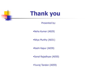 Presented by:
Neha Kumar (A029)
Nitya Murthy (A031)
Rashi Kapur (A039)

Sonal Rajadhyax (A050)
Yuvraj Tandon (A059)

 
