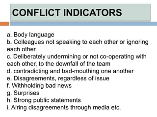 CONFLICT INDICATORS
a. Body language
b. Colleagues not speaking to each other or ignoring
each other
c. Deliberately undermining or not co-operating with
each other, to the downfall of the team
d. contradicting and bad-mouthing one another
e. Disagreements, regardless of issue
f. Withholding bad news
g. Surprises
h. Strong public statements
i. Airing disagreements through media etc.
 