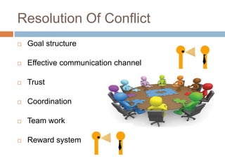 Resolution Of Conflict
 Goal structure
 Effective communication channel
 Trust
 Coordination
 Team work
 Reward system
 
