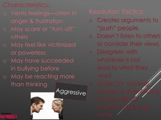 Characteristics:
o Vents feelings—often in
anger & frustration
o May scare or “turn off”
others
o May feel like victimized
or powerless
o May have succeeded
in bullying before
o May be reacting more
than thinking
Resolution Tactics:
o Creates arguments to
“push” people
o Doesn’t listen to others
or consider their views
o Disagrees with
whatever is not
exactly what they
want
o Hopes by causing
trouble or threatening
to, the difficult
situation will just go
away
 