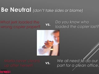 Be Neutral (don’t take sides or blame)
vs.
Do you know who
loaded the copier last?
Marla never cleans
up after herself!
We all need to do our
part for a clean office.
vs.
What jerk loaded the
wrong copier paper?
 