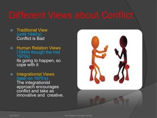 Different Views about Conflict
 Traditional View
(until 1940’s)
Conflict is Bad
 Human Relation Views
(1940s though the mid
1970s)
Its going to happen, so
cope with it
 Integrationist Views
(later on 1970’s)
The integrationist
approach encourages
conflict and take as
innovative and creative.
Asif Abbasi & Waqar Ahmed9/27/2013
 
