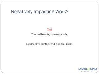 Negatively Impacting Work?


                       Yes?
          Then address it, constructively.

      Destructive conflict will not heal itself.
 