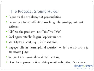 The Process: Ground Rules
 Focus on the problem, not personalities
 Focus on a future effective working relationship, not past
  actions
 “Us” vs. the problem, not “You” vs. “Me”
 Seek/generate „both-gain‟ opportunities
 Identify balanced, equal-gain solution
 Engage fully in meaningful discussion, with no walk-aways &
  no power-plays
 Support decisions taken at the meeting
 Give the approach - & working relationship time & a chance
 