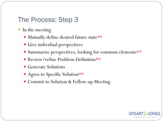 The Process: Step 3
 In the meeting
   Mutually define desired future state**
   Give individual perspectives
   Summarize perspectives, looking for common elements**
   Review/refine Problem Definition**
   Generate Solutions
   Agree to Specific Solution**
   Commit to Solution & Follow-up Meeting
 
