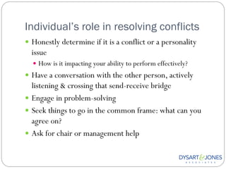 Individual’s role in resolving conflicts
 Honestly determine if it is a conflict or a personality
  issue
   How is it impacting your ability to perform effectively?
 Have a conversation with the other person, actively
  listening & crossing that send-receive bridge
 Engage in problem-solving
 Seek things to go in the common frame: what can you
  agree on?
 Ask for chair or management help
 