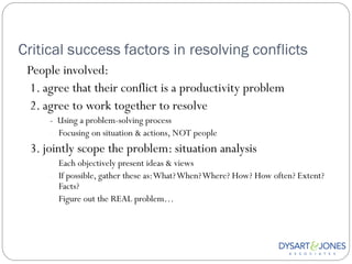 Critical success factors in resolving conflicts
 People involved:
 1. agree that their conflict is a productivity problem
 2. agree to work together to resolve
     - Using a problem-solving process
     - Focusing on situation & actions, NOT people
 3. jointly scope the problem: situation analysis
     - Each objectively present ideas & views
     - If possible, gather these as: What? When? Where? How? How often? Extent?
       Facts?
     - Figure out the REAL problem…
 