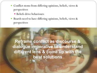  Conflict stems from differing opinions, beliefs, views &
  perspectives
   Beliefs drive behaviours
 Boards need to have differing opinions, beliefs, views &
  perspectives




  Reframe conflict as discourse &
 dialogue imperative to understand
  different lens & come up with the
             best solutions
 