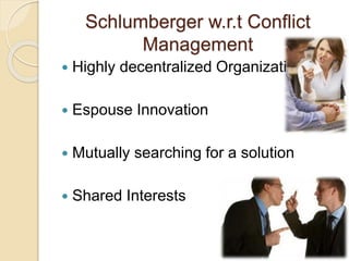 Schlumberger w.r.t Conflict
Management
 Highly decentralized Organization
 Espouse Innovation
 Mutually searching for a solution
 Shared Interests
 