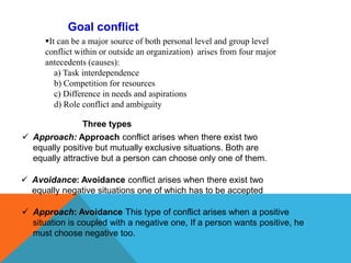  Approach: Approach conflict arises when there exist two
equally positive but mutually exclusive situations. Both are
equally attractive but a person can choose only one of them.
 Avoidance: Avoidance conflict arises when there exist two
equally negative situations one of which has to be accepted
 Approach: Avoidance This type of conflict arises when a positive
situation is coupled with a negative one, If a person wants positive, he
must choose negative too.
Goal conflict
Three types
It can be a major source of both personal level and group level
conflict within or outside an organization) arises from four major
antecedents (causes):
a) Task interdependence
b) Competition for resources
c) Difference in needs and aspirations
d) Role conflict and ambiguity
 
