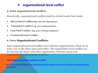 6. Inter Organizational Conflicts:
Inter organizational level conflict occur between organizations which are in
some way or the other upon each other. The organization level conflict can
be between the buyer and seller organization, between union and
organizations employing the members
5. Intra organizational conflict;
Structurally, organizational conflict could be divided under four heads
 Hierarchical Conflict:(eg. task inter-dependence)
 Functional Conflict:( eg. poor communication)
 Line-Staff Conflict: (eg. poor working conditions )
 Formal-Informal Conflict:
http://www.typesofconflict.org/types-of-conflict/
http://www.yourarticlelibrary.com/organization/conflict-management/levels-of-conflict-in-an-organisation-4-
levels/63980
 organizational level coflict
 