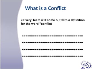 What is a Conflict
Every Team will come out with a definition
for the word ”conflict



---------------------------------
---------------------------------
---------------------------------
---------------------------------
 