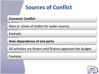 Sources of Conflict
Economic Conflict

Wars in times of Arabia for water sources

Example

Over dependency of one party

All activities are frozen until finance approves the budget

Example
 